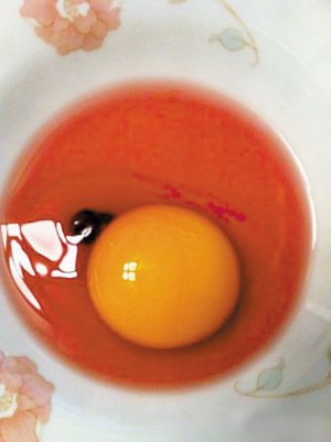 蛋清血红,蛋黄旁还有小黑块 这个鸭蛋挺吓人-鸭