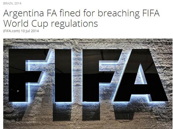 决赛前FIFA重罚阿根廷足协 违反规定罚款200万