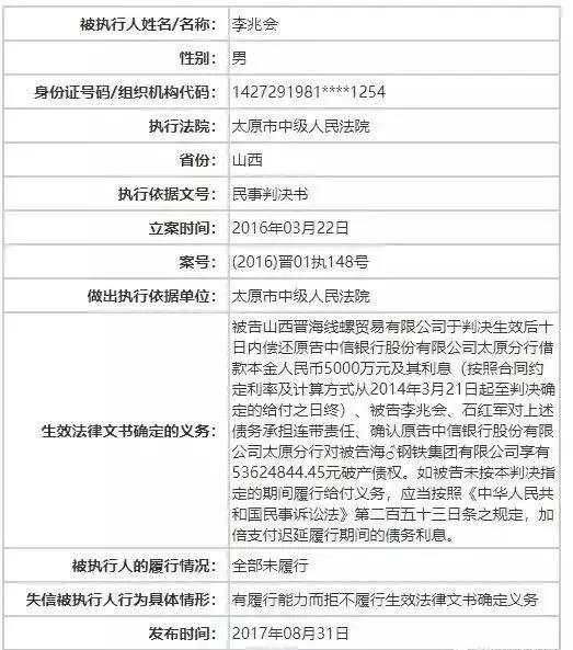 太原中院公布200老赖:前山西首富被曝欠款5000余万