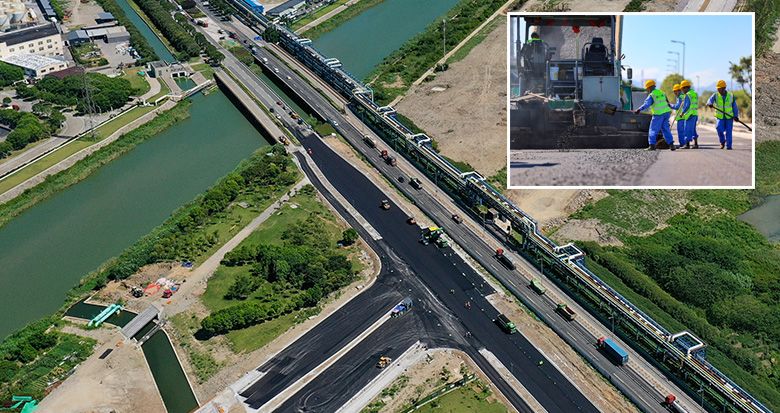 杭甬高速复线�势只ネ�连接线工程二期开始铺设沥青