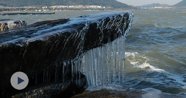 东钱湖畔再现冰凌景观